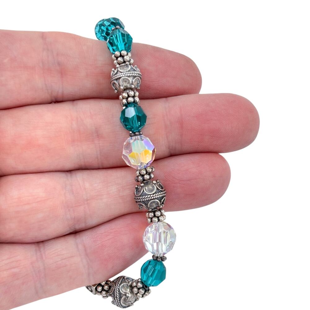 Vintage Sterling Silver 925 Faceted Teal Blue Crystal Beaded Bracelet | 7-8.5"